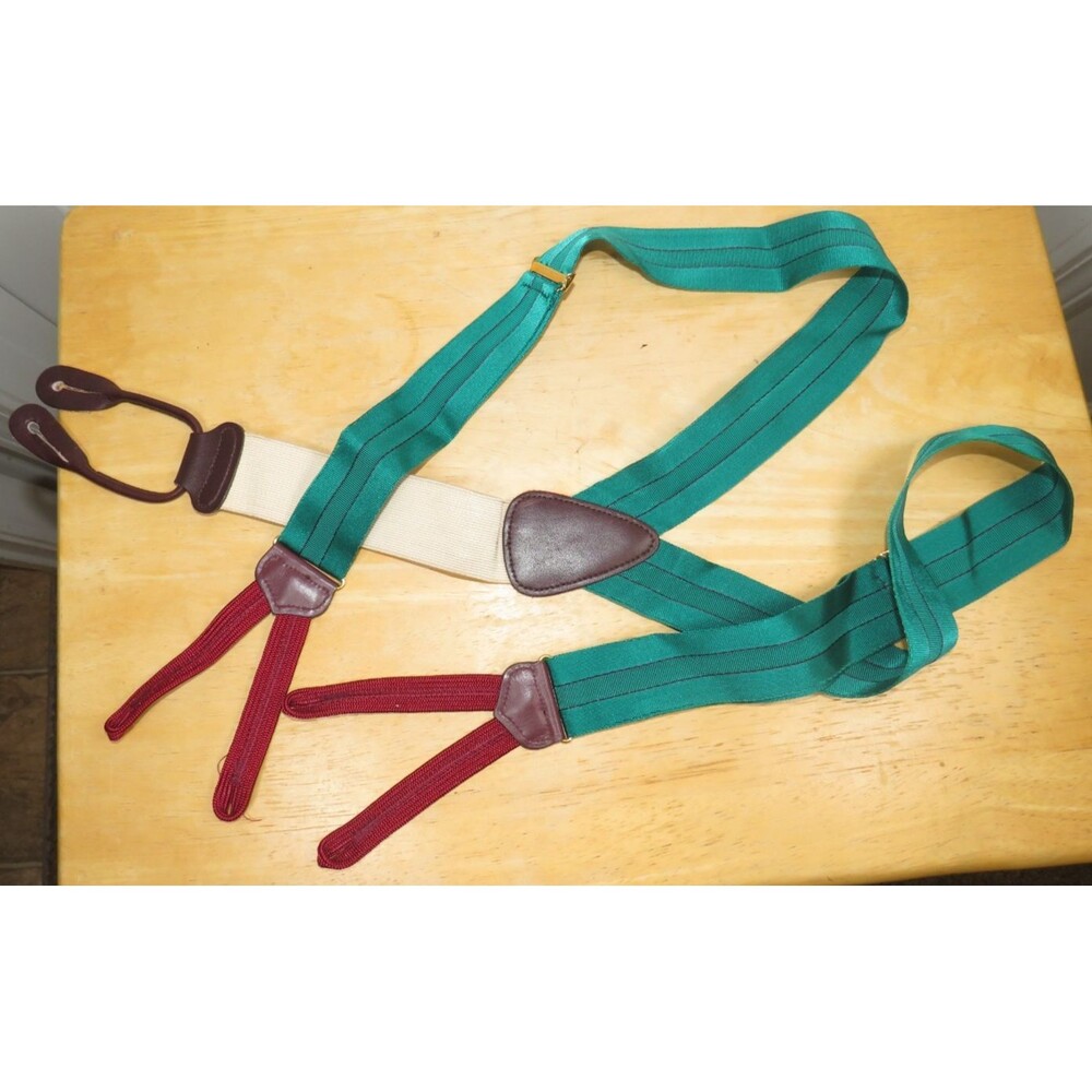 Vintage TRAFALGAR Suspenders Green/Burgundy Stripe Y Braces Leather Button End
